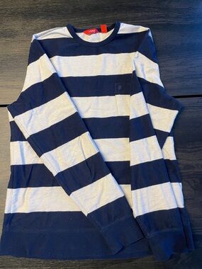 Izod Navy and White Wide Stripe Long Sleeve Pullover